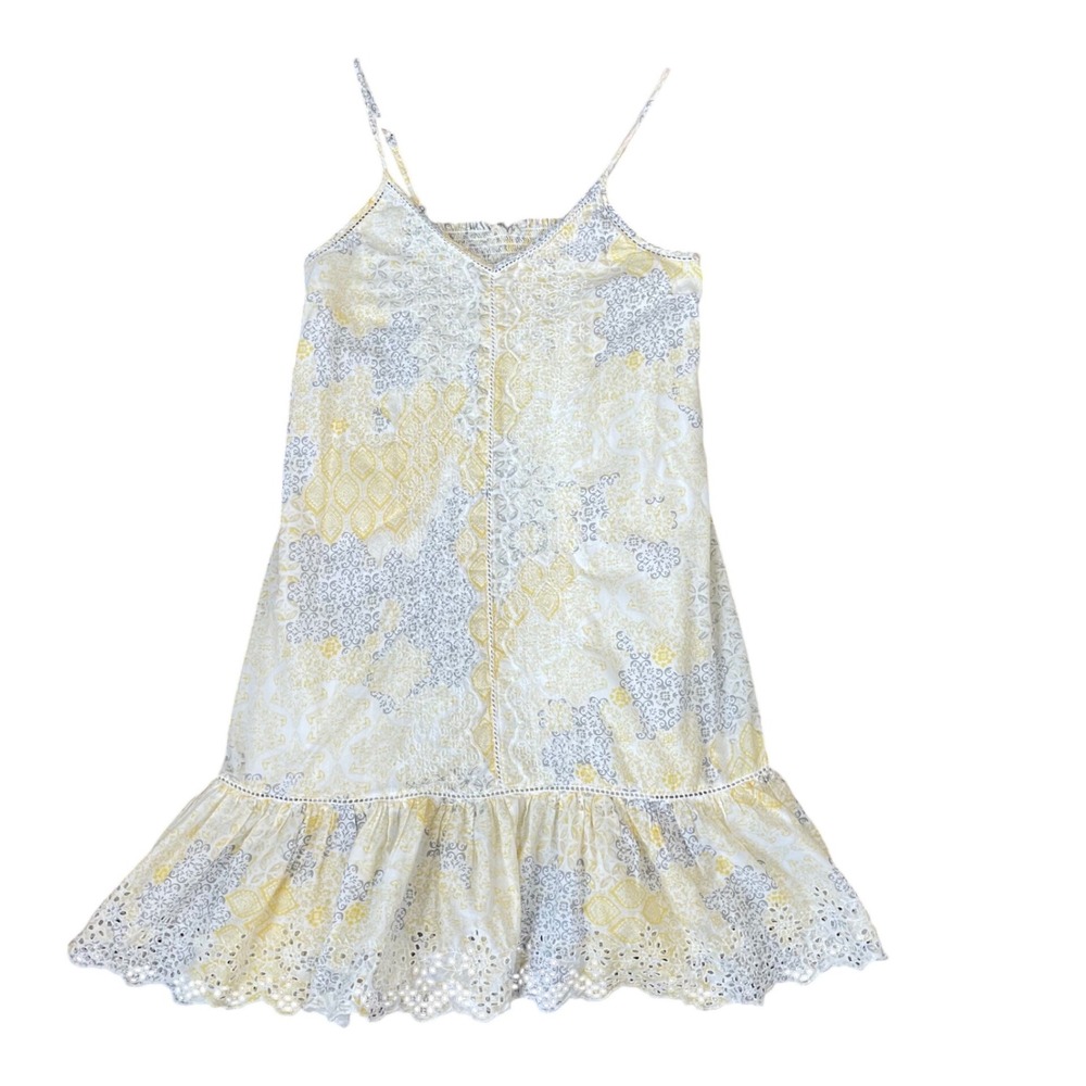 American Eagle Yellow Paisley Eyelet Lace‎ Mini Dress Cotton Boho Smocked Back S